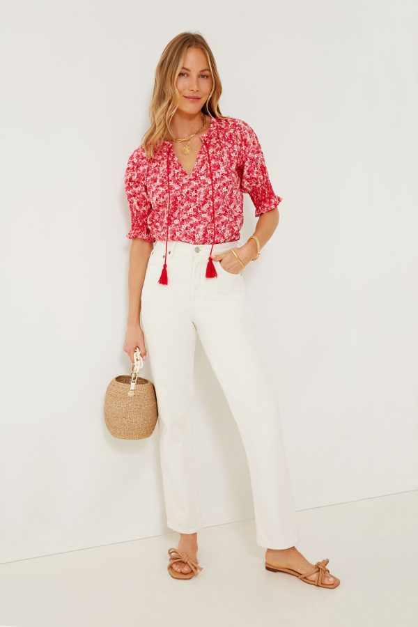 Red and Pink Floral V-Neck Colleen Blouse For Cheap