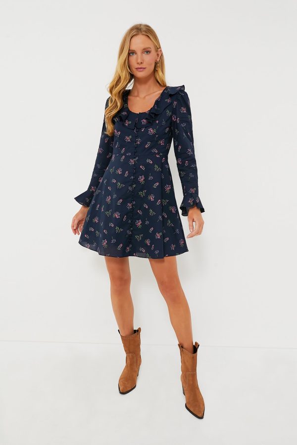 Navy Floral Ruffle Neck Norah Mini Dress Online now