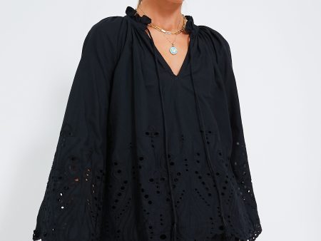 Tangier Border Embroidered Nero Penny Blouse on Sale